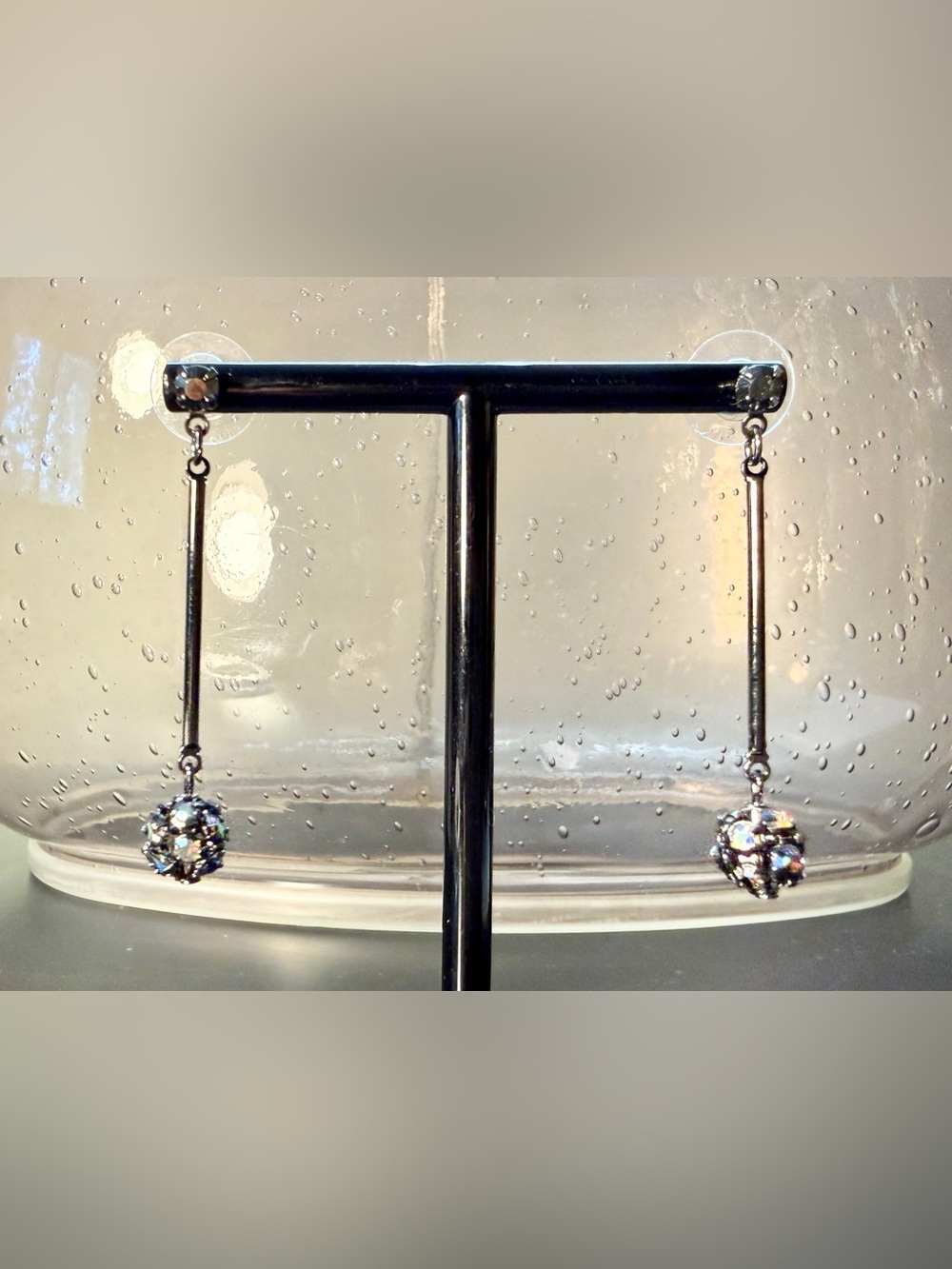 Vintage Art Deco Inspired Dark Metal Long Rhinestone Crystal Ball Drop Earrings